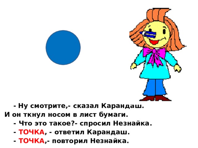  -  Ну смотрите,- сказал Карандаш.  И он ткнул носом в лист бумаги.  - Что это такое?- спросил Незнайка.  - ТОЧКА , - ответил Карандаш.  - ТОЧКА ,- повторил Незнайка. 