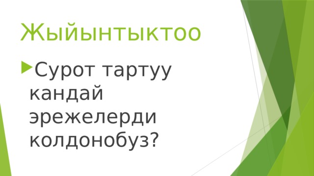 Жыйынтыктоо Сурот тартуу кандай эрежелерди колдонобуз? 