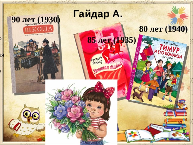   Гайдар А. 90 лет (1930) 80 лет (1940)  85 лет (1935)  . Гайдар А. «Тимур и его команда» - 80 лет (1940) 26. Гайдар А.П. «Военная тайна» – 85 лет (1935) 27. Гайдар «Школа» - 90 лет (1930) 