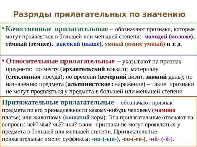 Разряды прилагательных по значению Качественные прилагательные – обозначают признаки, которые могут проявляться в большей или меньшей степени: молодой (моложе) , тёмный (темнее), высокий (выше), умный (менее умный) и т. д. Относительные прилагательные – указывают на признак предмета: по месту ( архангельский вокзал); материалу ( стеклянная посуда); по времени ( вечерний визит, зимний день); по назначению предмета ( альпинистское снаряжение) – такие признаки не могут проявляться у предмета в большей или меньшей степени Притяжательные прилагательные – обозначают признак предмета по его принадлежности какому-нибудь человеку ( мамино платье) или животному ( кошачий корм). Эти прилагательные отвечают на вопросы: чей? чья? чьё? чьи? такие признаки не могут проявляться у предмета в большей или меньшей степени. Притяжательные прилагательные имеют суффиксы: -ин-(-ын-), -ов-(-ев-), -ий- (-й-). 