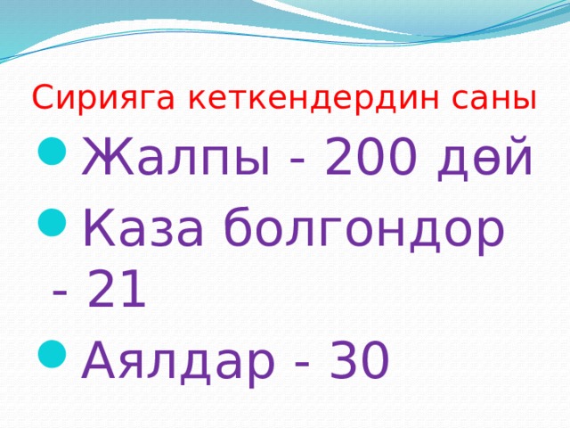 Сирияга кеткендердин саны Жалпы - 200 дөй Каза болгондор - 21 Аялдар - 30 