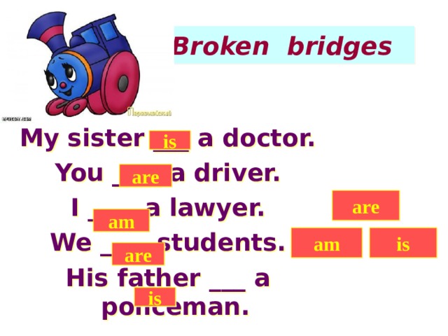 Broken bridges My sister ___ a doctor. You ____ a driver. I ____ a lawyer. We ____ students. His father ___ a policeman. is are are am am is are is  