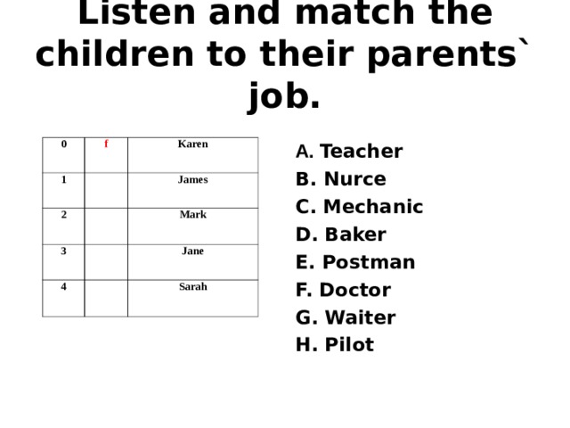 Listen and match the children to their parents` job.   A. Teacher B. Nurce C. Mechanic D. Baker E. Postman F. Doctor G. Waiter H. Pilot 0 f 1 Karen 2 James 3 Mark 4 Jane Sarah 