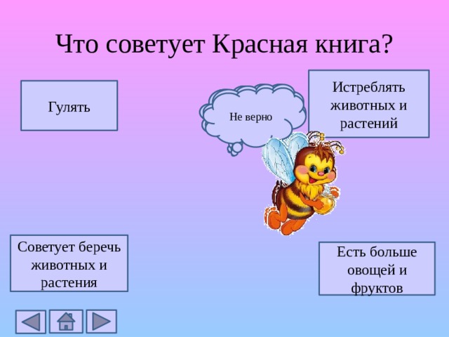 Что советует Красная книга? Истреблять животных и растений Гулять Верно Не верно Не верно Не верно Советует беречь животных и растения Есть больше овощей и фруктов 