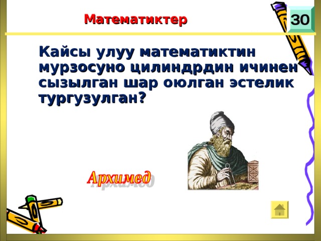 Математиктер Кайсы улуу математиктин мурзосуно цилиндрдин ичинен сызылган шар оюлган эстелик тургузулган? 
