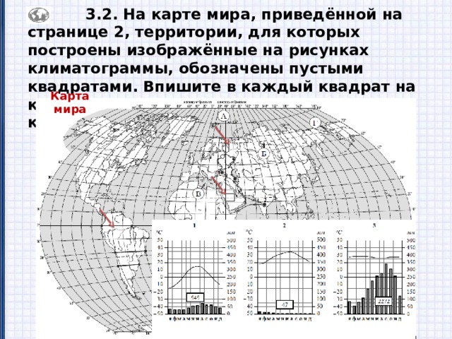  3.2. На карте мира, приведённой на странице 2, территории, для которых построены изображённые на рисунках климатограммы, обозначены пустыми квадратами. Впишите в каждый квадрат на карте номер соответствующей климатограммы. Карта мира 