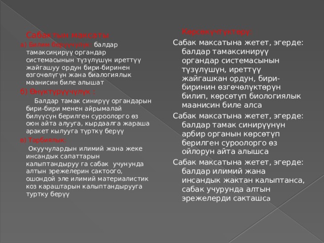  Көрсөкүчтүктөрү: Сабак максатына жетет, эгерде: балдар тамаксинирүү органдар системасынын түзүлүшүн, иреттүү жайгашкан ордун, бири-биринин өзгөчөлүктөрүн билип, көрсөтүп биологиялык маанисин биле алса Сабак максатына жетет, эгерде: балдар тамак синирүүнүн арбир органын көрсөтүп берилген суроолорго өз ойлорун айта алышса Сабак максатына жетет, эгерде: балдар илимий жана инсандык жактан калыптанса, сабак учурунда алтын эрежелерди сакташс а  Сабактын максаты а) Билим берүүчүлүк: балдар тамаксиңирүү органдар системасынын түзүлүшүн иреттүү жайгашуу ордун бири-биринен өзгочөлүгүн жана биалогиялык маанисин биле алышат б) Өнүктүрүүчүлүк :  Балдар тамак синирүү органдарын бири-бири менен айрымалай билүүсүн берилген суроолорго өз оюн айта алууга, кырдаалга жараша аракет кылууга түрткү берүү в) Тарбиялык:  Окуучулардын илимий жана жеке инсандык сапаттарын калыптандыруу га сабак учунунда алтын эрежелерин сактоого, ошондой эле илимий материалистик коз караштарын калыптандырууга туртку берүү 