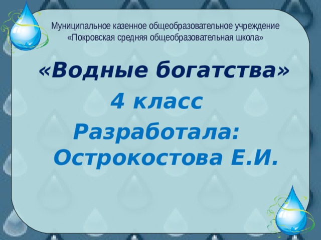 Муниципальное казенное общеобразовательное учреждение «Покровская средняя общеобразовательная школа»  «Водные богатства» 4 класс Разработала: Острокостова Е.И.  