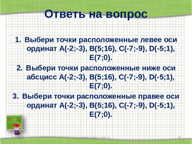 Ответь на вопрос   Выбери точки расположенные левее оси ординат А(-2;-3), В(5;16), С(-7;-9), D(-5;1), Е(7;0). Выбери точки расположенные ниже оси абсцисс А(-2;-3), В(5;16), С(-7;-9), D(-5;1), Е(7;0). Выбери точки расположенные правее оси ординат А(-2;-3), В(5;16), С(-7;-9), D(-5;1), Е(7;0). 1/13/20  http://aida.ucoz.ru 