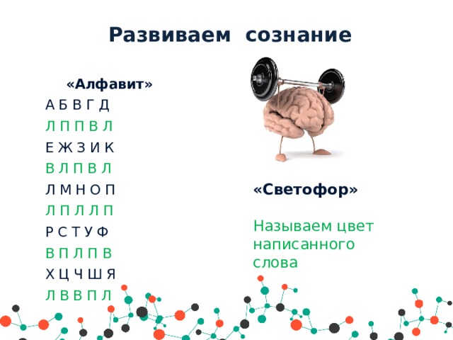   Развиваем сознание       «Светофор»  Называем цвет написанного слова «Алфавит»  А Б В Г Д   Л П П В Л  Е Ж З И К   В Л П В Л  Л М Н О П    Л П Л Л П  Р С Т У Ф    В П Л П В  Х Ц Ч Ш Я   Л В В П Л  