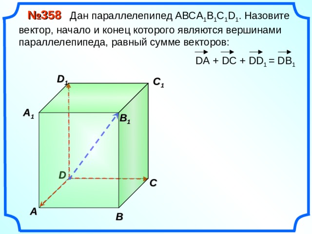  № 35 8 Дан параллелепипед АВС A 1 B 1 C 1 D 1 . Назовите вектор, начало и конец которого являются вершинами параллелепипеда, равный сумме векторов: D А + DC + DD 1  = DB 1 D 1 C 1  A 1  B 1 D С A В 