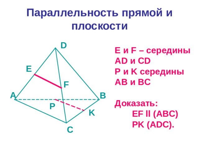 Параллельность прямой и плоскости D E и F – середины AD и CD P и K середины AB и BC  Доказать:  EF ll (ABC)  PK (ADC).  E F A B P K C 
