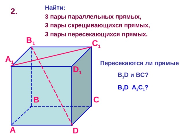 Найти: 3 пары параллельных прямых, 3 пары скрещивающихся прямых, 3 пары пересекающихся прямых. 2. B 1 C 1 A 1 Пересекаются ли прямые   B 1 D и BC ?  B 1 D A 1 C 1 ? D 1 C B A D 
