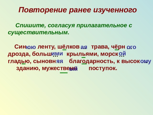 Повторение ранее изученного  Спишите, согласуя прилагательное с существительным.   Син ленту, шёлков трава, чёрн дрозда, больш крыльями, морск гладью, сыновн благодарность, к высок зданию, мужественн поступок. … … … юю ая ого ими ой … … яя ому … … ый … 
