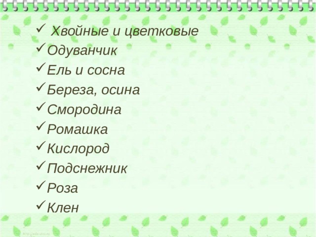  Хвойные и цветковые Одуванчик Ель и сосна Береза, осина Смородина Ромашка Кислород Подснежник Роза Клен 