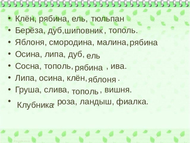 тюльпан Клён, рябина, ель, Берёза, дуб, , тополь. Яблоня, смородина, малина, Осина, липа, дуб, Сосна, тополь, , ива. Липа, осина, клён, . Груша, слива, , вишня.  , роза, ландыш, фиалка. шиповник рябина ель рябина яблоня тополь Клубника 