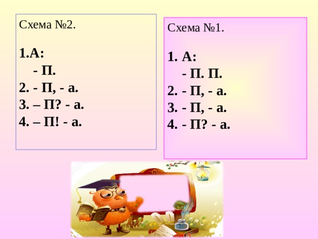 Схема №2. 1.А:  - П. 2. - П, - а. 3. – П? - а. 4. – П! - а.  Схема №1. 1. А:  - П. П. 2. - П, - а. 3. - П, - а. 4. - П? - а. 