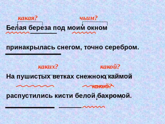  какая? чьим? Белая береза под моим окном  принакрылась снегом, точно серебром.   каких? какой?  На пушистых ветках снежною каймой  какой? распустились кисти белой бахромой. 