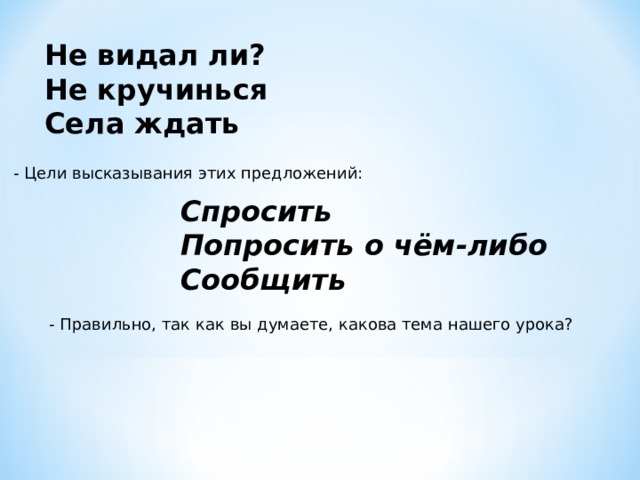 Не видал ли? Не кручинься Села ждать - Цели высказывания этих предложений: Спросить Попросить о чём-либо Сообщить - Правильно, так как вы думаете, какова тема нашего урока? 