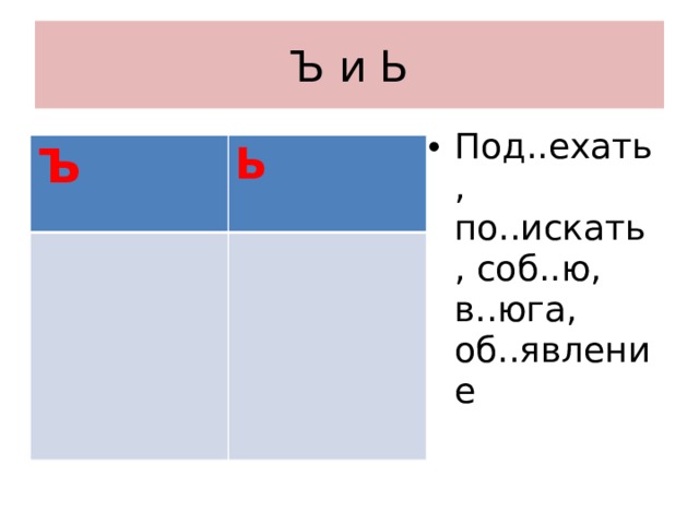 Ъ и Ь Под..ехать, по..искать, соб..ю, в..юга, об..явление Ъ Ь 