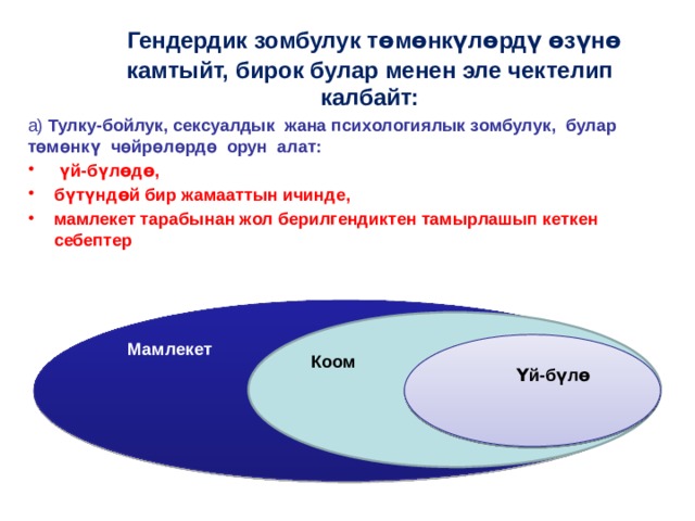  Гендердик зомбулук тɵмɵнкүлɵрдү ɵзүнɵ камтыйт, бирок булар менен эле чектелип калбайт:   а) Тулку-бойлук, сексуалдык жана психологиялык зомбулук, булар т өмөнкү чөйрөлөрдө орун алат:  үй-бүлɵдɵ, бүтүндɵй бир жамааттын ичинде, мамлекет тарабынан жол берилгендиктен тамырлашып кеткен себептер     Мамлекет Коом Ү й-бүлɵ 