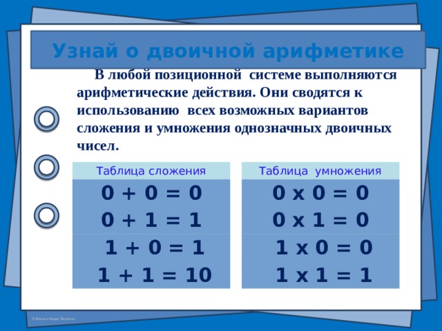 Узнай о двоичной арифметике  В любой позиционной системе выполняются арифметические действия. Они сводятся к использованию всех возможных вариантов сложения и умножения однозначных двоичных чисел. Таблица сложения Таблица умножения 0 + 0 = 0 0 х 0 = 0 0 + 1 = 1 0 х 1 = 0  1 + 0 = 1  1 х 0 = 0  1 + 1 = 10  1 х 1 = 1