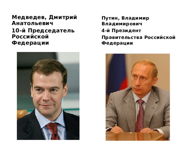 Медведев, Дмитрий Анатольевич 10-й Председатель Российской Федерации Путин, Владимир Владимирович 4-й Президент Правительства Российской Федерации 