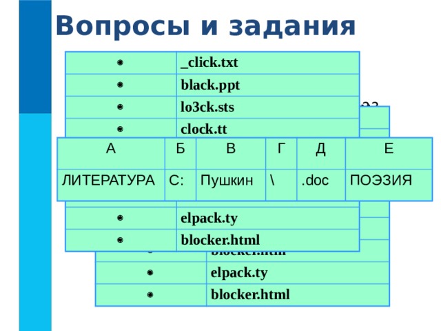 Вопросы и задания   _ click.txt  black.ppt  lo3ck.sts clock.tt  blink.uta   applock.stu blocker.htm  elpack.ty  blocker.html Что такое полное имя файла? Что такое каталог? Что такое файл? Какой каталог называют корневым? Что такое путь к файлу на диске?   click.txt black.ppt   lock.sts clock.tt   blink.uta applock.stu   blocker.htm elpack.ty  blocker.html А Б ЛИТЕРАТУРА С: В Г Пушкин \ Д Е . doc ПОЭЗИЯ 