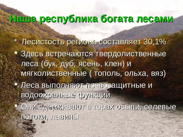 Наша республика богата лесами * Лесистость региона составляет 30,1%