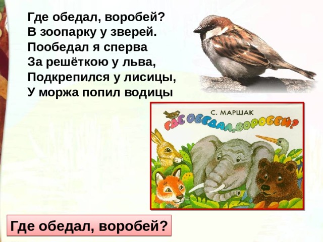 Где обедал в зоопарке у зверей. Стих про воробья Маршак. Стихотворение Маршака Воробей. Маршак пообедал Воробей. Стих где обедал Воробей.