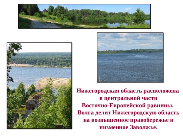 Нижегородская область расположена в центральной части Восточно-Европейской равнины. Волга делит Нижегородскую область на возвышенное правобережье и  низменное Заволжье. 