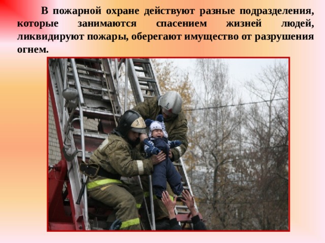  В пожарной охране действуют разные подразделения, которые занимаются спасением жизней людей, ликвидируют пожары, оберегают имущество от разрушения огнем. 