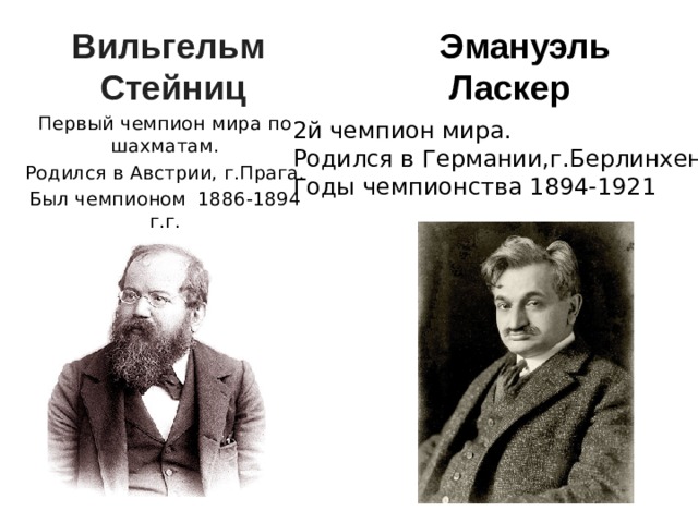 Вильгельм  Стейниц Эмануэль  Ласкер Первый чемпион мира по шахматам. Родился в Австрии, г.Прага. Был чемпионом 1886-1894 г.г. 2й чемпион мира. Родился в Германии,г.Берлинхен Годы чемпионства 1894-1921 