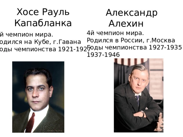 Хосе Рауль  Капабланка Александр  Алехин 4й чемпион мира. Родился в России, г.Москва Годы чемпионства 1927-1935 1937-1946 3й чемпион мира. Родился на Кубе, г.Гавана Годы чемпионства 1921-1927 