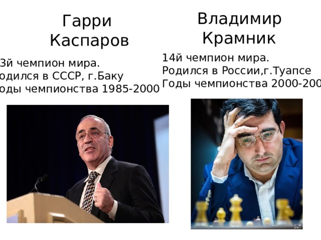 Владимир  Крамник Гарри  Каспаров 14й чемпион мира. Родился в России,г.Туапсе Годы чемпионства 2000-2007 13й чемпион мира. Родился в СССР, г.Баку Годы чемпионства 1985-2000 