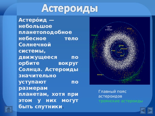 Астеро́ид — небольшое планетоподобное небесное тело Солнечной системы, движущееся по орбите вокруг Солнца. Астероиды значительно уступают по размерам планетам, хотя при этом у них могут быть спутники . Главный пояс астероидов троянские астероиды 