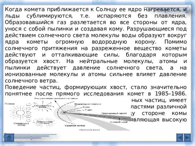 Когда комета приближается к Солнцу ее ядро нагревается, и льды сублимируются, т.е. испаряются без плавления. Образовавшийся газ разлетается во все стороны от ядра, унося с собой пылинки и создавая кому. Разрушающиеся под действием солнечного света молекулы воды образуют вокруг ядра кометы огромную водородную корону. Помимо солнечного притяжения на разреженное вещество кометы действуют и отталкивающие силы, благодаря которым образуется хвост. На нейтральные молекулы, атомы и пылинки действует давление солнечного света, а на ионизованные молекулы и атомы сильнее влияет давление солнечного ветра. Поведение частиц, формирующих хвост, стало значительно понятнее после прямого исследования комет в 1985–1986. Плазменный хвост, состоящий из заряженных частиц, имеет сложную магнитную структуру с двумя областями различной полярности. На обращенной к Солнцу стороне комы формируется лобовая ударная волна, проявляющая высокую плазменную активность. 