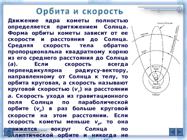 Движение ядра кометы полностью определяется притяжением Солнца. Форма орбиты кометы зависит от ее скорости и расстояния до Солнца. Средняя скорость тела обратно пропорциональна квадратному корню из его среднего расстояния до Солнца ( a ). Если скорость всегда перпендикулярна радиусу-вектору, направленному от Солнца к телу, то орбита круговая, а скорость называют круговой скоростью ( v c ) на расстоянии a . Скорость ухода из гравитационного поля Солнца по параболической орбите ( v p ) в раз больше круговой скорости на этом расстоянии. Если скорость кометы меньше v p , то она движется вокруг Солнца по эллиптической орбите и никогда не покидает Солнечной системы. Но если скорость превосходит v p , то комета один раз проходит мимо Солнца и навсегда покидает его, двигаясь по гиперболической орбите.  