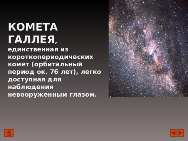 КОМЕТА ГАЛЛЕЯ , единственная из короткопериодических комет (орбитальный период ок. 76 лет), легко доступная для наблюдения невооруженным глазом.  
