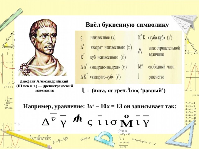 ψ  Ввёл буквенную символику Диофант Александрийский (III век н.э.) — древнегреческий математик - (иота, от греч. ἴσος ‘равный’) Например, уравнение: 3 x 2 – 10х = 13 он записывает так: 2 