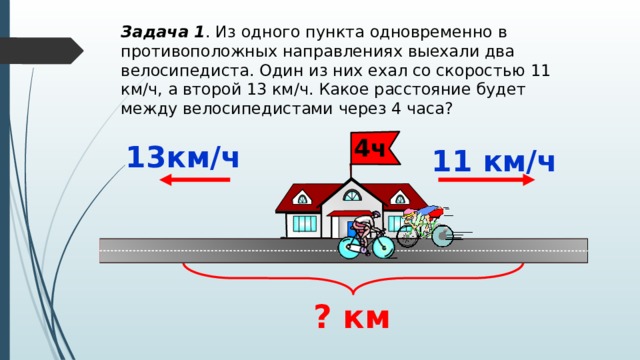 Задача 1 . Из одного пункта одновременно в противоположных направлениях выехали два велосипедиста. Один из них ехал со скоростью 11 км/ч, а второй 13 км/ч. Какое расстояние будет между велосипедистами через 4 часа? 4ч 13км/ч 11 км/ч ? км 