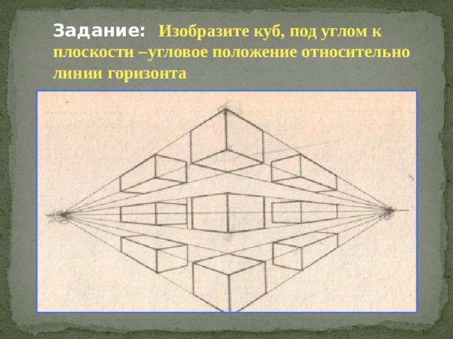 Задание: Изобразите куб, под углом к плоскости –угловое положение относительно линии горизонта 
