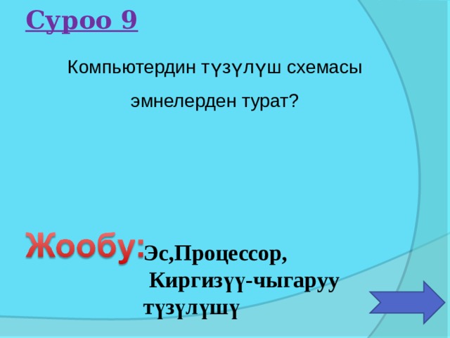 Суроо 9 Компьютердин түзүлүш схемасы эмнелерден турат? Эс,Процессор, Киргизүү-чыгаруу түзүлүшү 