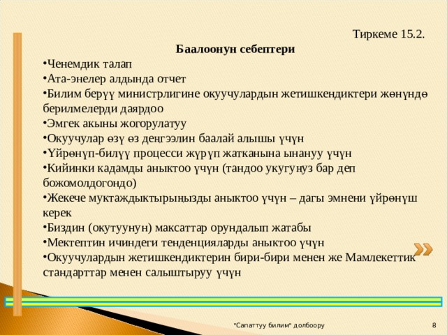 Тиркеме 15.2. Баалоонун себептери Ченемдик талап Ата-энелер алдында отчет Билим берүү министрлигине окуучулардын жетишкендиктери жөнүндө берилмелерди даярдоо Эмгек акыны жогорулатуу Окуучулар өзү өз де ң гээлин баалай алышы үчүн Үйрөнүп-билүү процесси жүрүп жатканына ынануу үчүн Кийинки кадамды аныктоо үчүн (тандоо укугуңуз бар деп божомолдогондо) Жекече муктаждыктыры ң ызды аныктоо үчүн – дагы эмнени үйрөнүш керек Биздин (окутуунун) максаттар орундалып жатабы Мектептин ичиндеги тенденцияларды аныктоо үчүн Окуучулардын жетишкендиктерин бири-бири менен же Мамлекеттик стандарттар менен салыштыруу үчүн 