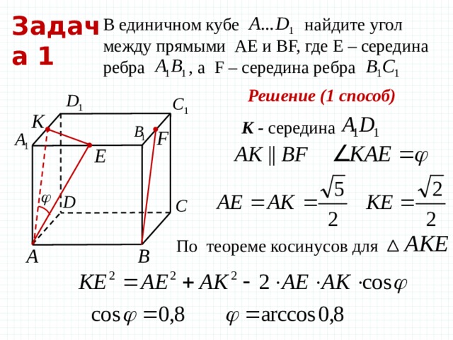 Задача 1 В единичном кубе найдите угол между прямыми AE и BF, где Е – середина ребра , а F – середина ребра Решение (1 способ) К - середина По теореме косинусов для 