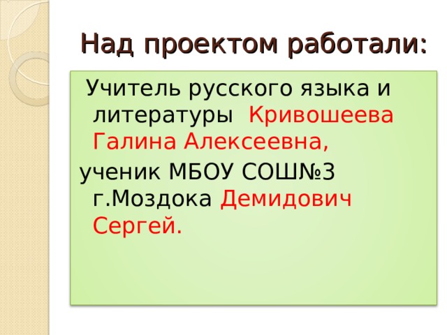 Над проектом работали:  Учитель русского языка и литературы Кривошеева Галина Алексеевна, ученик МБОУ СОШ№3 г.Моздока Демидович Сергей. 
