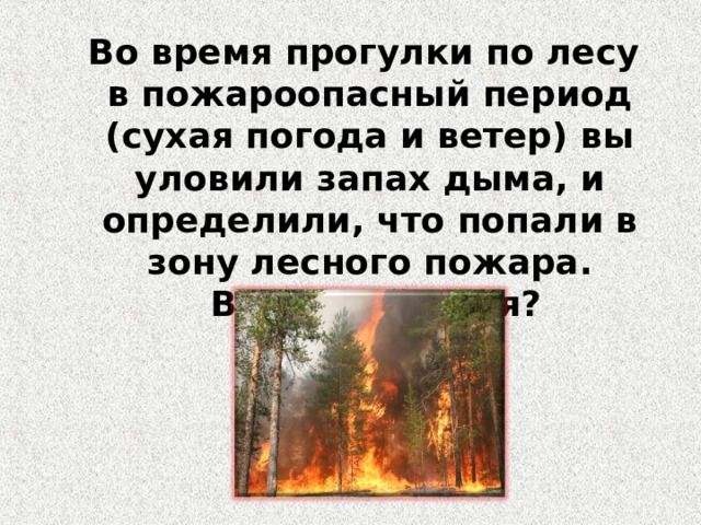 Оказавшись в зоне лесного пожара необходимо. Во время прогулки по лесу вы уловили запах дыма.ваши действия. Вы попали в зону лесного пожара ваши действия. Попав в зону лесного покажа. Во время прогулки в лесу в пожароопасный период вы уловили запах.