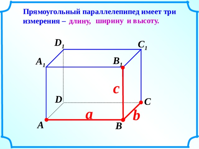 Прямоугольный параллелепипед имеет три измерения – и высоту. ширину длину, D 1  С 1  В 1  А 1  c  D  С  а   b   А  В