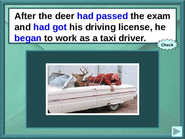 After the deer had passed the exam and had got his driving license, he began to work as a taxi driver. After the deer (to pass) the exam and (to get) his driving license, he (to begin) to work as a taxi driver. Check 