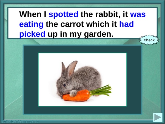 When I spotted the rabbit, it was eating the carrot which it had picked up in my garden. When I (to spot) the rabbit, it (to eat) the carrot which it (to pick up) in my garden. Check 